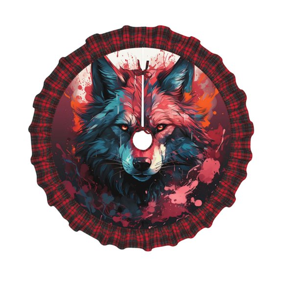 Honeii Red Flame Wolf Head Pattern Christmas Tree Skirt, Christmas Ribbon Holly Winter Holiday Tree Mat Decoration-