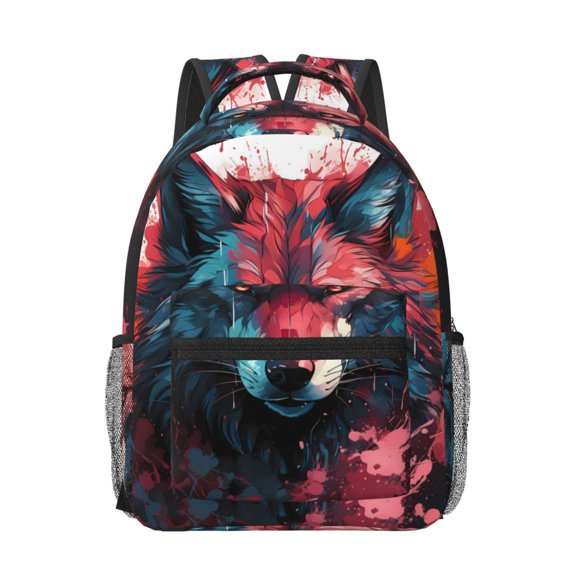 Honeii Red Flame Wolf Head Print Backpack for School,15.6 inch Laptop Back Pack for High School and College Students, Waterproof Computer Bookbag-One Size