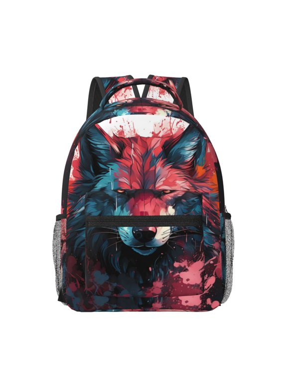 Red Flame Wolf Head Print Backpack for School,15.6 inch Laptop Back Pack for High School and College Students, Waterproof Computer Bookbag-One Size