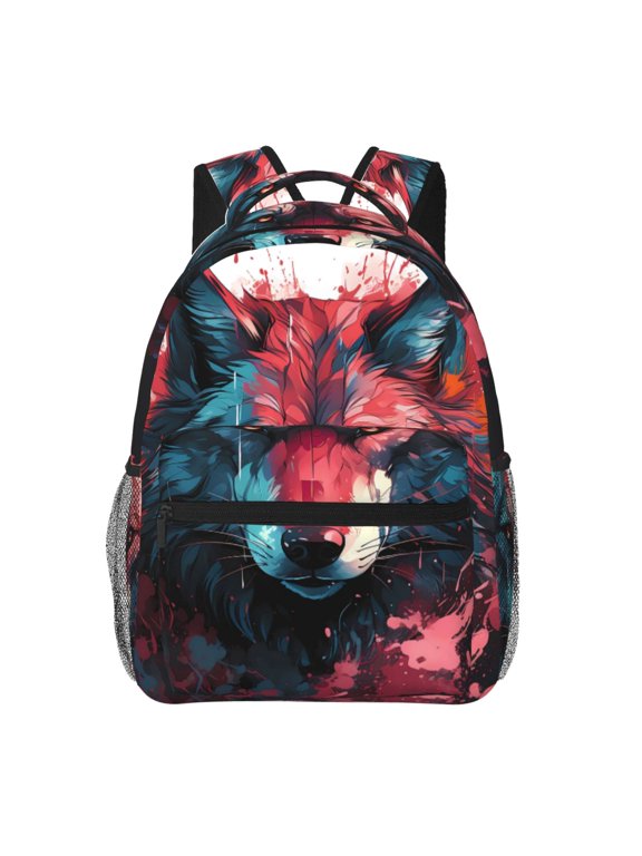 Red Flame Wolf Head Print Backpack for Both Men and Women, Basic Bookbag for College, Work, or Travel,Rucksack Computer Bag-One Size