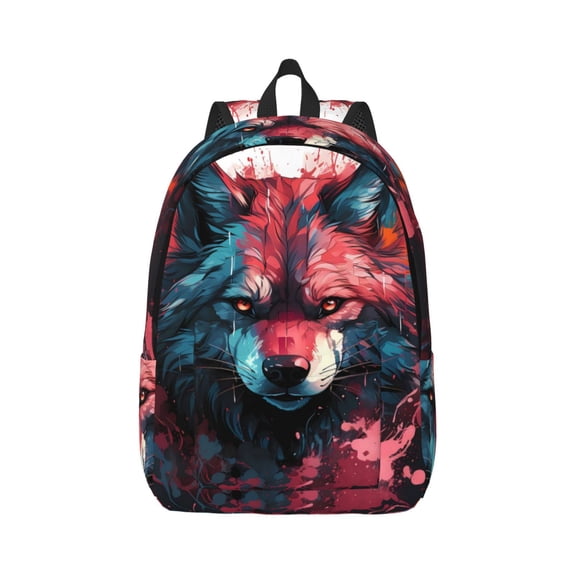 Honeii Red Flame Wolf Head Print Canvas College Laptop Backpack, Durable Rucksack Travel Notebook Bag School Backpack Book Bag for Men Women-Small