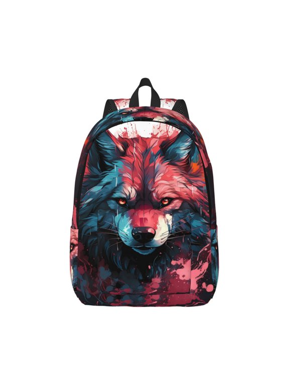 Red Flame Wolf Head Print Canvas College Laptop Backpack, Durable Rucksack Travel Notebook Bag School Backpack Book Bag for Men Women-Small