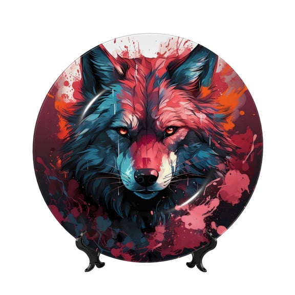 Honeii Red Flame Wolf Head Print Elegant Bone China Decorative Plate, Porcelain Plate,Art Crafts,Ceramic Ornaments for Home Office Wall Decor-6in