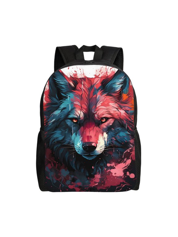 Red Flame Wolf Head Print Laptop Backpack for Work, College, Travel, Daily Backpacks for Men Women, Sport Rucksack,Computer Bag