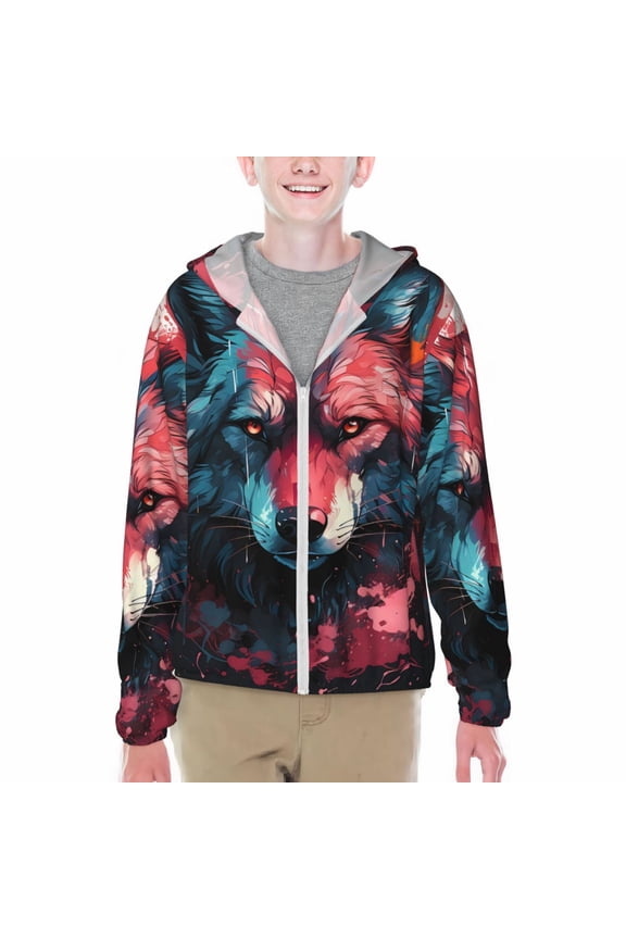 Red Flame Wolf Head Print Sun Protection Jacket Hooded Cooling Shirt with Pockets Hiking Outdoor Performance-X-Large