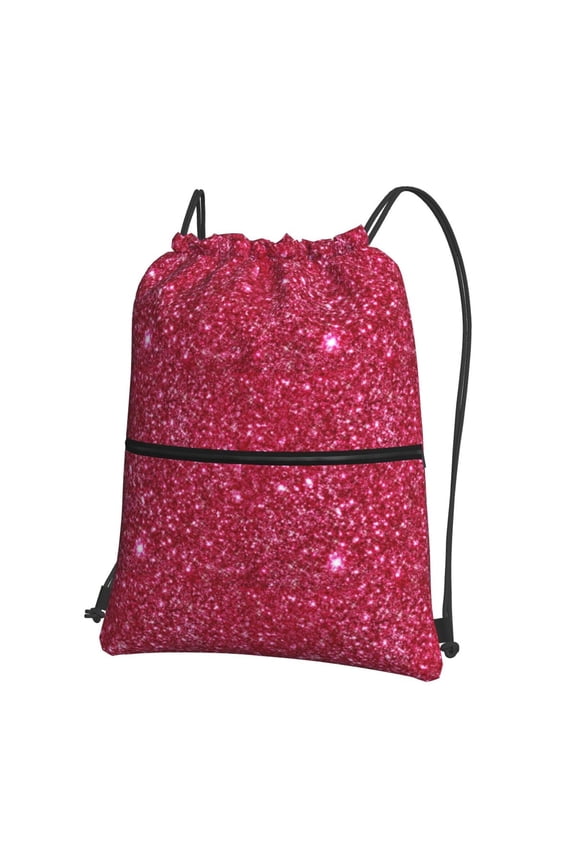Red Glitter Print Drawstring Backpack,String Bag,Sackpack Cinch Water Resistant Nylon for Gym Shopping Sport Yoga