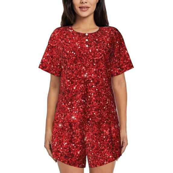 Honeii Red Glitter for Women's Summer Pajama Set featuring Soft Short Sleeve Shirt & Matching Bottoms with Convenient Pockets for Relaxed Home Wear-Large