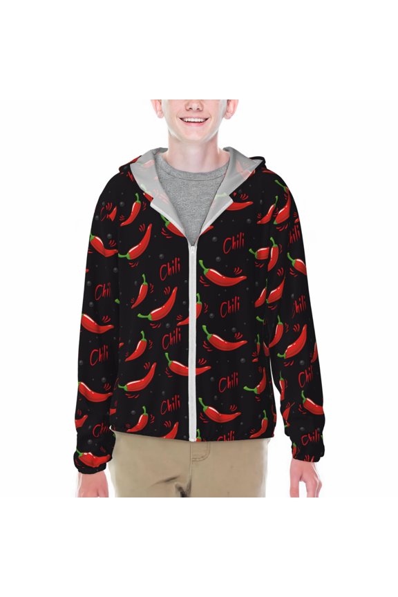 Red Hot Chili Print Sun Protection Jacket Hooded Cooling Shirt with Pockets Hiking Outdoor Performance-Medium