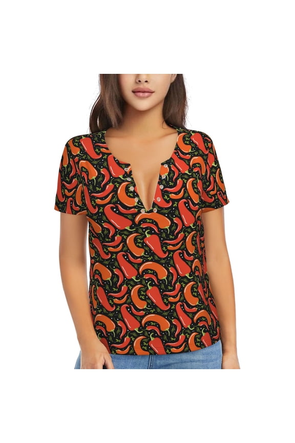 Red Hot Chili Print Women's V-Neck T-Shirt,Short Sleeve V Neck Tees Tops for Women , Perfect for Work, Travel, and Everyday Wear