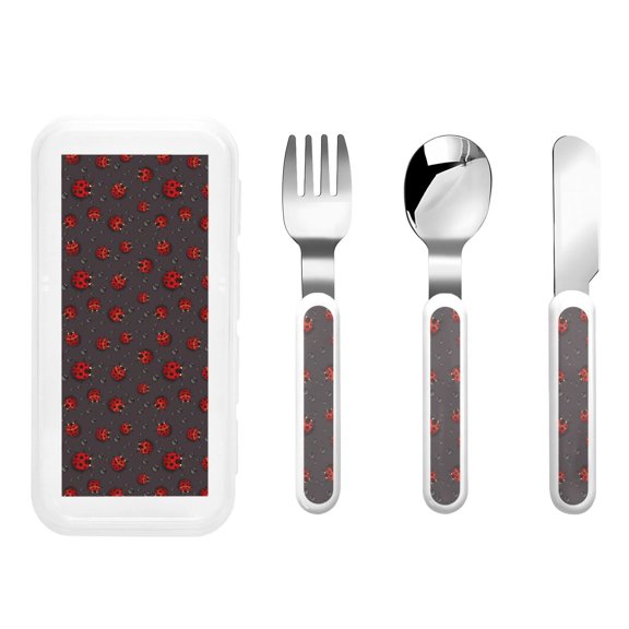 Honeii Red Ladybugs On Dark Background Print Children's Knife, Fork And Spoon Set,Reusable Utensils Set with Case,Travel Cutlery Set,for Kids Adults Camping