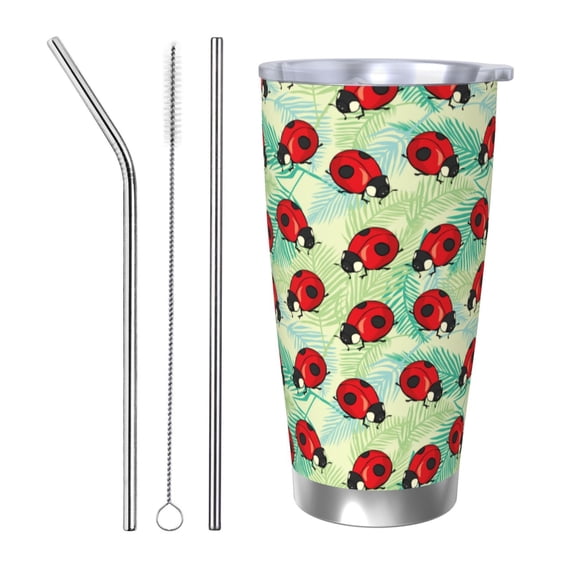 Honeii Red Ladybugs And Leaf Print 20OZ Car Cup, Insulated Stainless Steel Travel Mug with Lid and Straw, Keep Your Drinks Hot and Cold-Straw Three-piece Set