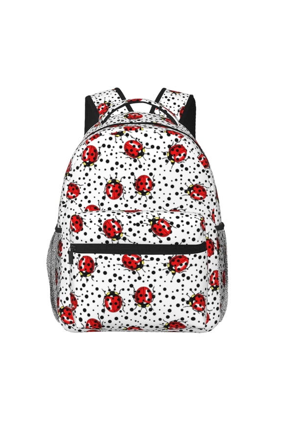 Red Ladybugs On Black Dotted Print Backpack for Both Men and Women, Basic Bookbag for College, Work, or Travel,Rucksack Computer Bag-One Size