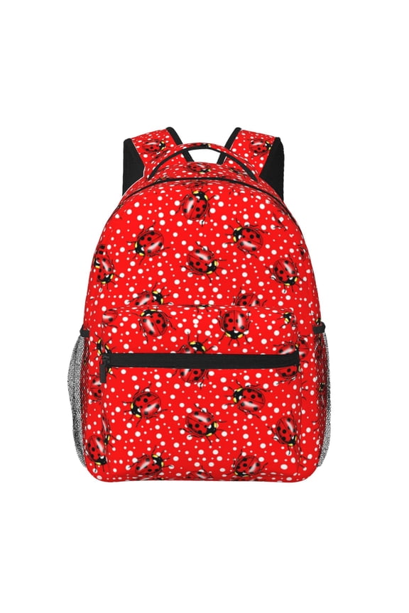 Red Ladybugs On White Dotted Print Backpack for Both Men and Women, Basic Bookbag for College, Work, or Travel,Rucksack Computer Bag-One Size