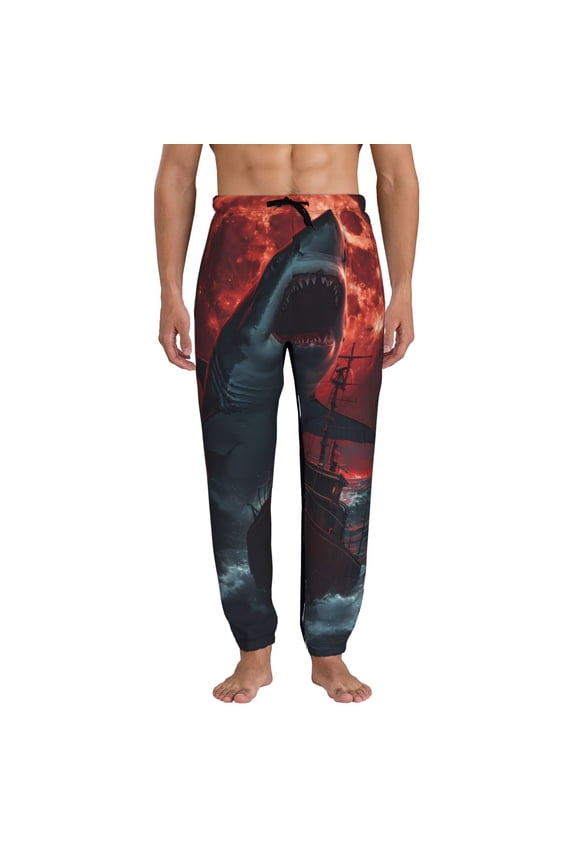 Red Moon Shark Sailboat Print Mens Jogger Sweatpants, Men's Lounge Pants with Pockets-X-Large