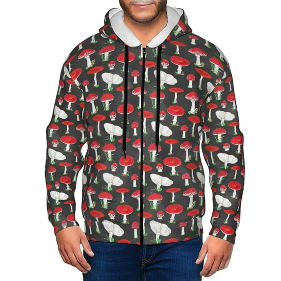 Honeii Red Mushrooms Print Hoodies for Men, Pullover & Full Zip, Breathable Zip up Hoodie, Sweatshirt-Medium