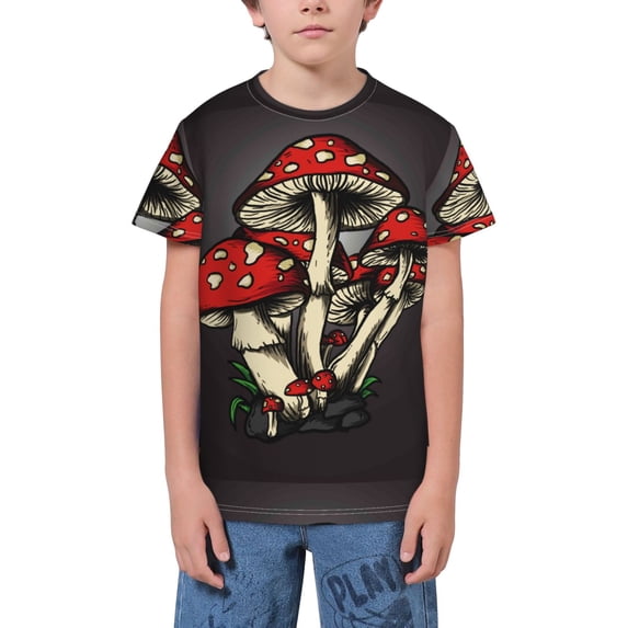 Honeii Red Mushrooms Print Youth Short Sleeve T-Shirt,Boys Athletic Shirt,Quick Dry Short Sleeve Performance Moisture Wicking T Shirt