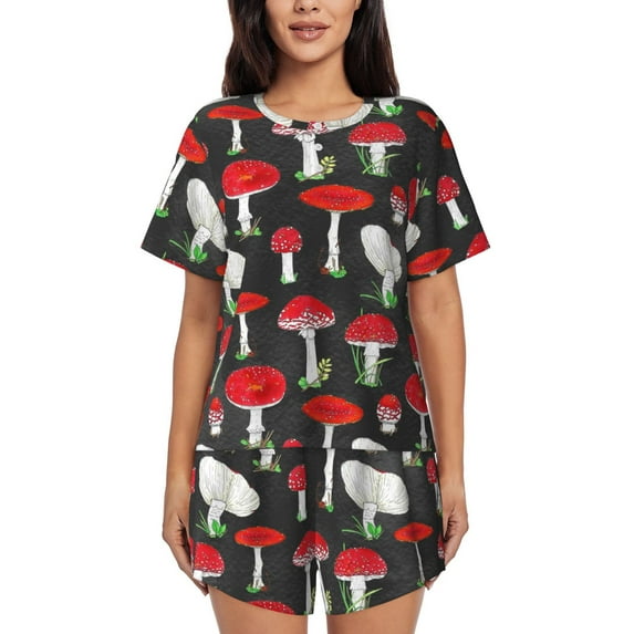 Honeii Red Mushrooms for Women's Summer Pajama Set featuring Soft Short Sleeve Shirt & Matching Bottoms with Convenient Pockets for Relaxed Home Wear-Small