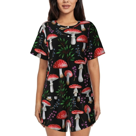 Honeii Red Mushrooms for Women's Summer Pajama Set featuring Soft Short Sleeve Shirt & Matching Bottoms with Convenient Pockets for Relaxed Home Wear-XX-Large