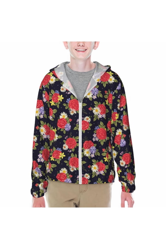 Red Rose Flower Print Sun Protection Jacket Hooded Cooling Shirt with Pockets Hiking Outdoor Performance-Medium
