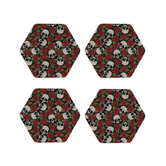 Honeii Red Rose Skull print Leather Coaster Set of 4, ideal for safeguarding your furniture from drinks spills and effortless cleanup-Hexagon