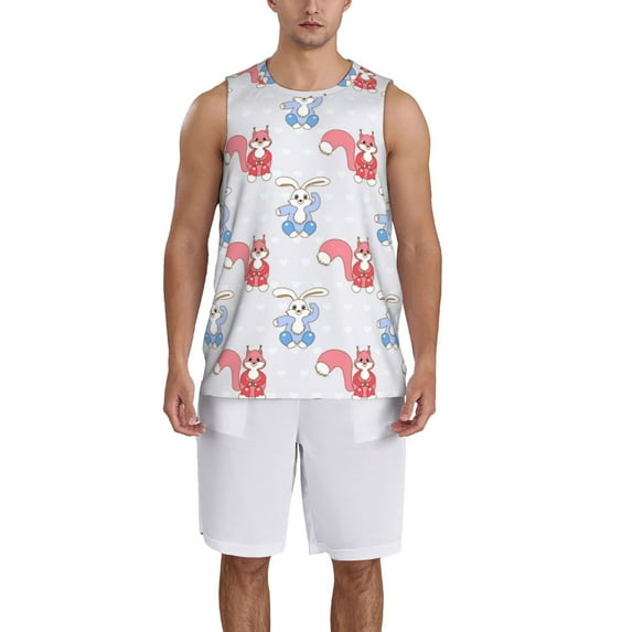 Honeii Red Squirrel And Blue Rabbit print basktball shirt for men and women, Unisex basketball jersey for Theme party-X-Large