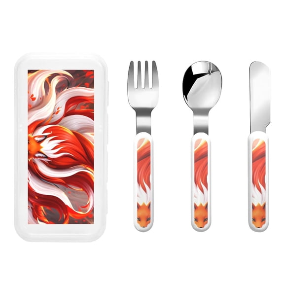 Honeii Red Sun Flame Fox Print Children's Knife, Fork And Spoon Set,Reusable Utensils Set with Case,Travel Cutlery Set,for Kids Adults Camping