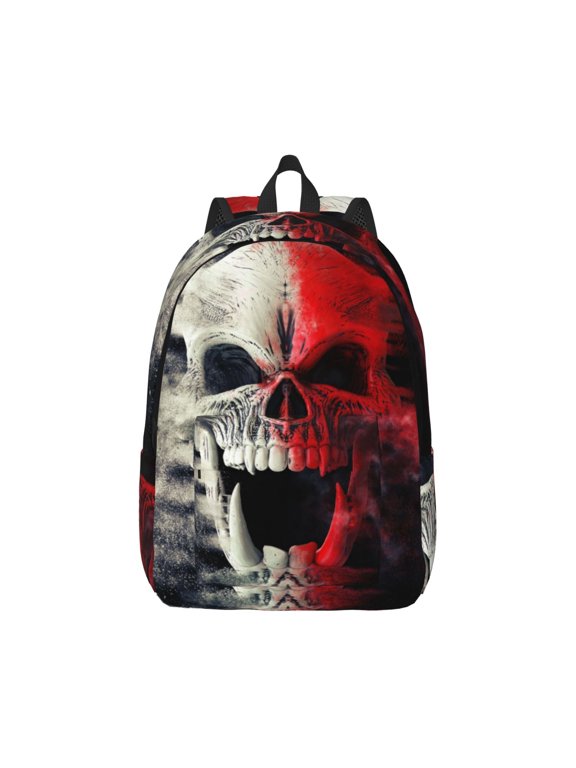 Red And White Screaming Demon Skull Print Canvas College Laptop Backpack, Durable Rucksack Travel Notebook Bag School Backpack Book Bag for Men Women-Medium