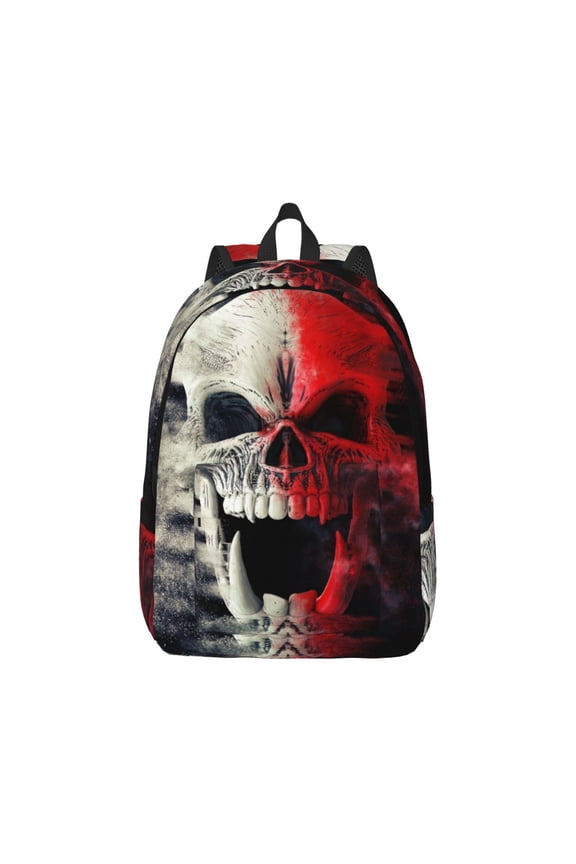 Red And White Screaming Demon Skull Print Canvas College Laptop Backpack, Durable Rucksack Travel Notebook Bag School Backpack Book Bag for Men Women-Medium