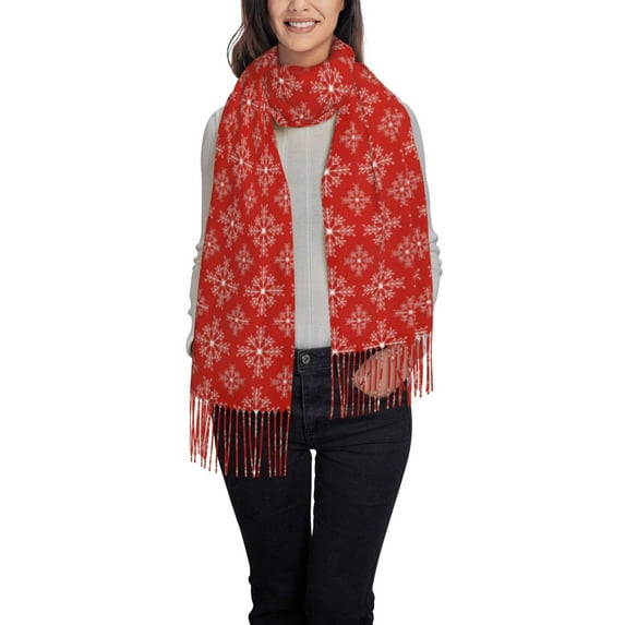 Honeii Red White Snowflakes Print Scarf Oversized Scarf Tassel Fall Winter Thick Scarf Warm Shawl Women,Women's Scarves & Wraps
