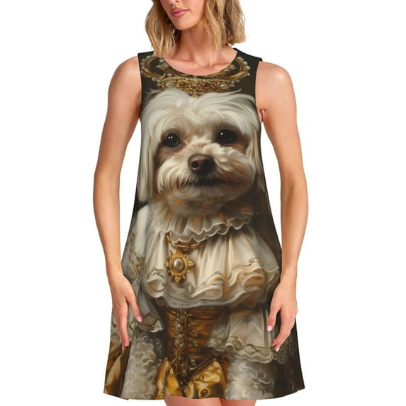 Honeii Regal Dog In Royal Attire Print Women's Sleeveless Dress, Loose Fit Casual Dress for Women, Summer Fashion Dress