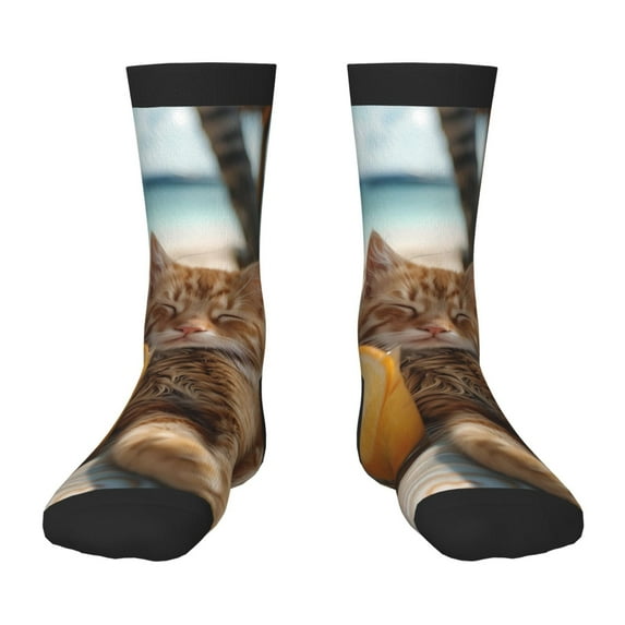 Honeii Relaxing Cat With Orange Juice Print Children's Colorful Socks,Unisex Kids and Toddlers' Cushioned Sock,Kids Athletic Crew Socks,for Everyday Wear and Sports