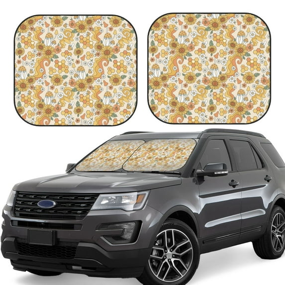 Honeii Retro 70s 60s Flower Print Foldable Car Sun Shade for Windshield, 2-Piece UV Protection Shade, Protects Car Interior, Ideal for Cars, Trucks, SUVs-Large