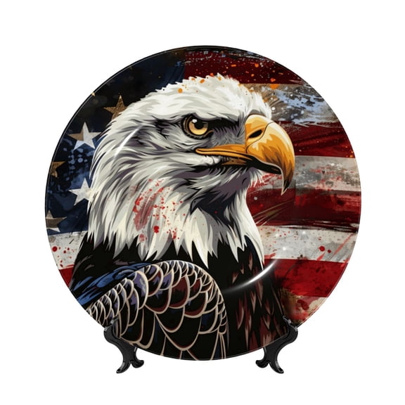 Honeii Retro American Eagle A Print Elegant Bone China Decorative Plate, Porcelain Plate,Art Crafts,Ceramic Ornaments for Home Office Wall Decor-7in