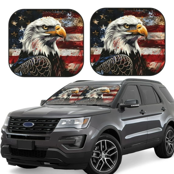 Honeii Retro American Eagle A Print Foldable Car Sun Shade for Windshield, 2-Piece UV Protection Shade, Protects Car Interior, Ideal for Cars, Trucks, SUVs-Small