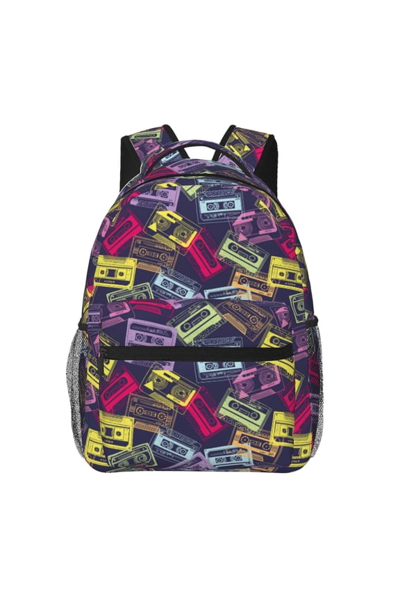 Retro Cassette Music Print Backpack for Both Men and Women, Basic Bookbag for College, Work, or Travel,Rucksack Computer Bag-One Size