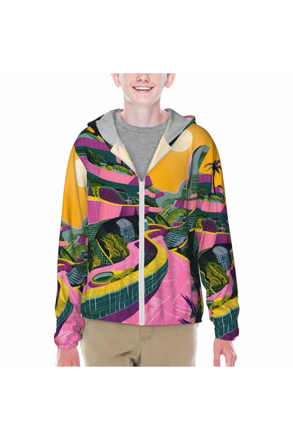 Retro Futuristic Landscape Print Sun Protection Jacket Hooded Cooling Shirt with Pockets Hiking Outdoor Performance-Small