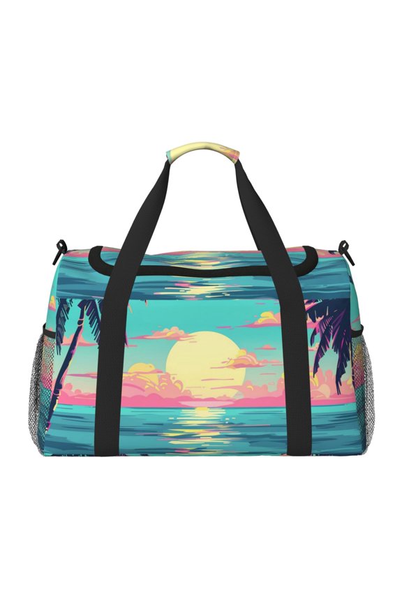 Retro Palm Beach Sunset Print Gym Bag,Carry on Weekender Overnight Bag, Travel Duffel Bags, Personal Item Travel Bag,Tote Bag,Workout Dance Bag