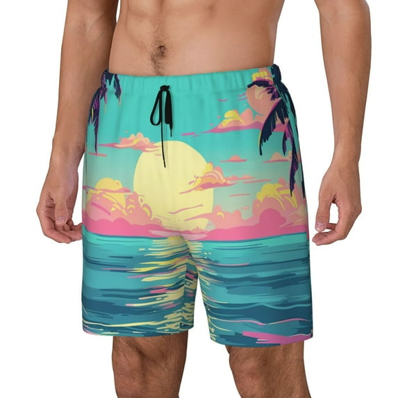 Honeii Retro Palm Beach Sunset Print Men's Swim Shorts,Mens Swim Trunks,Breathable Mesh Beach Shorts for Swimming,Surfing, and Beach Activities-Medium