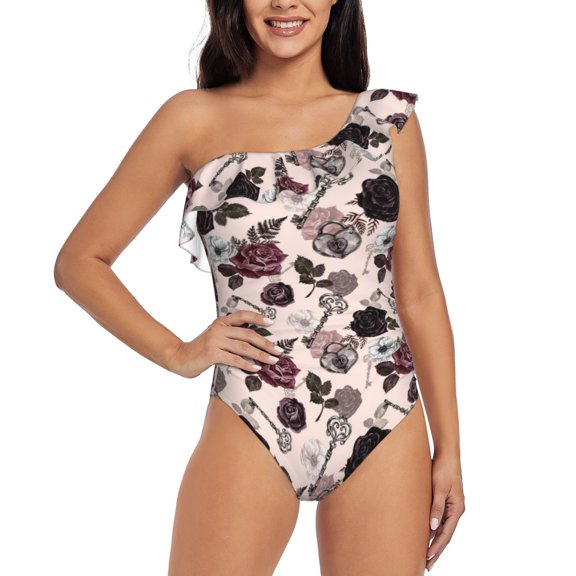 Honeii Retro Red Black Roses for women's one-piece swimsuit featuring a chic one-shoulder design experience elegance and style in the water-X-Large