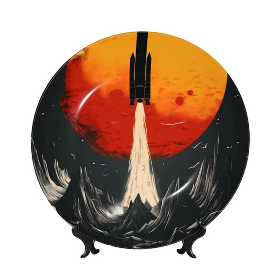 Honeii Retro Space Rocket Launch Print Elegant Bone China Decorative Plate, Porcelain Plate,Art Crafts,Ceramic Ornaments for Home Office Wall Decor-10in