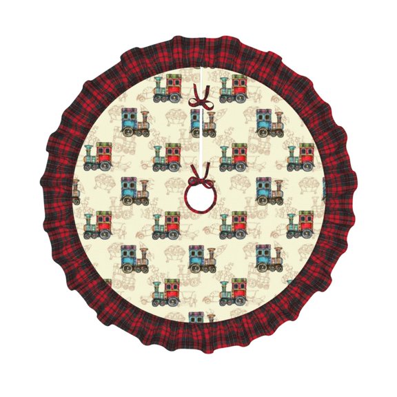 Honeii Retro Steampunk Vehicle Pattern Christmas Tree Skirt, Christmas Ribbon Holly Winter Holiday Tree Mat Decoration-36"