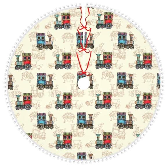 Honeii Retro Steampunk Vehicle Print Christmas Tree Skirt with Pom Pom Tree Skirt Christmas Tree Mat Plush Xmas Tree Skirt for Decorations Holiday Party-