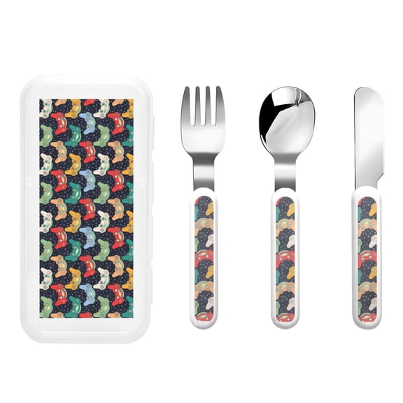 Honeii Retro Video Game Print Children's Knife, Fork And Spoon Set,Reusable Utensils Set with Case,Travel Cutlery Set,for Kids Adults Camping