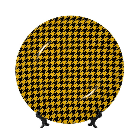 Honeii Retro Yellow and Black Houndstooth Print Elegant Bone China Decorative Plate, Porcelain Plate,Art Crafts,Ceramic Ornaments for Home Office Wall Decor-8in