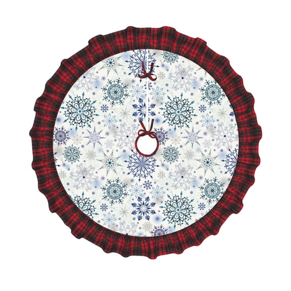 Honeii Retro ice blue snowflakes Pattern Christmas Tree Skirt, Christmas Ribbon Holly Winter Holiday Tree Mat Decoration-