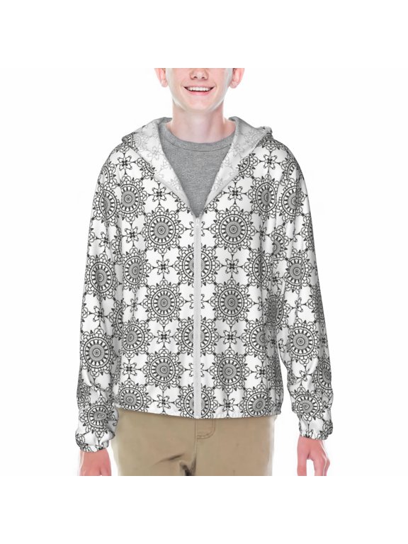 Retro sketch flower lines Print Sun Protection Jacket Hooded Cooling Shirt with Pockets Hiking Outdoor Performance-X-Large