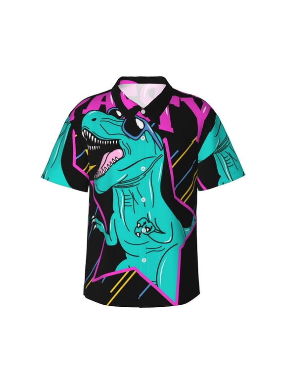 Rex Dinosaur With Sunglasses Print Men’s Hawaiian Shirt,Classic Button-Down Short Sleeve Shirt, for Beach, Vacation, and Outdoor Activities,Small