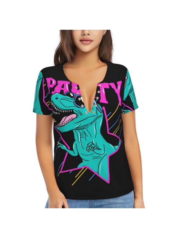 Rex Dinosaur With Sunglasses Print Women's V-Neck T-Shirt,Short Sleeve V Neck Tees Tops for Women , Perfect for Work, Travel, and Everyday Wear
