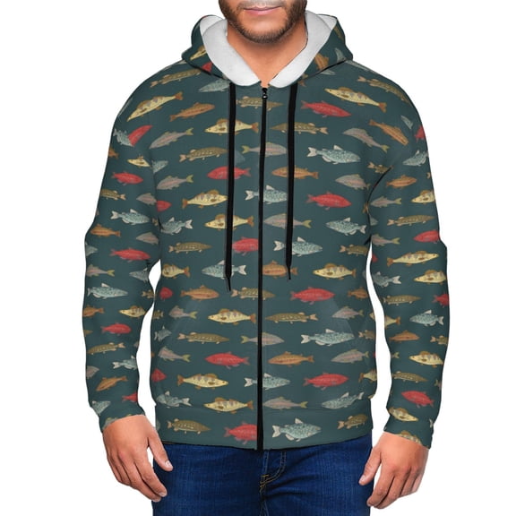 Honeii River Freshwater Fish Print Hoodies for Men, Pullover & Full Zip, Breathable Zip up Hoodie, Sweatshirt-Small