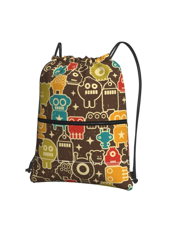 Robot and Monsters Print Drawstring Backpack,String Bag,Sackpack Cinch Water Resistant Nylon for Gym Shopping Sport Yoga